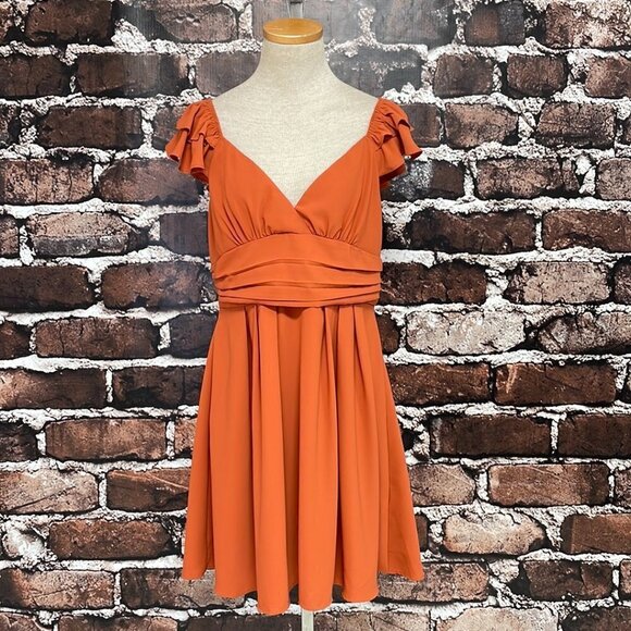 Mint Choco Just Right Rust Fit & Flare Dress Short Sleeve V-Neck Orange Size L - Picture 5 of 17